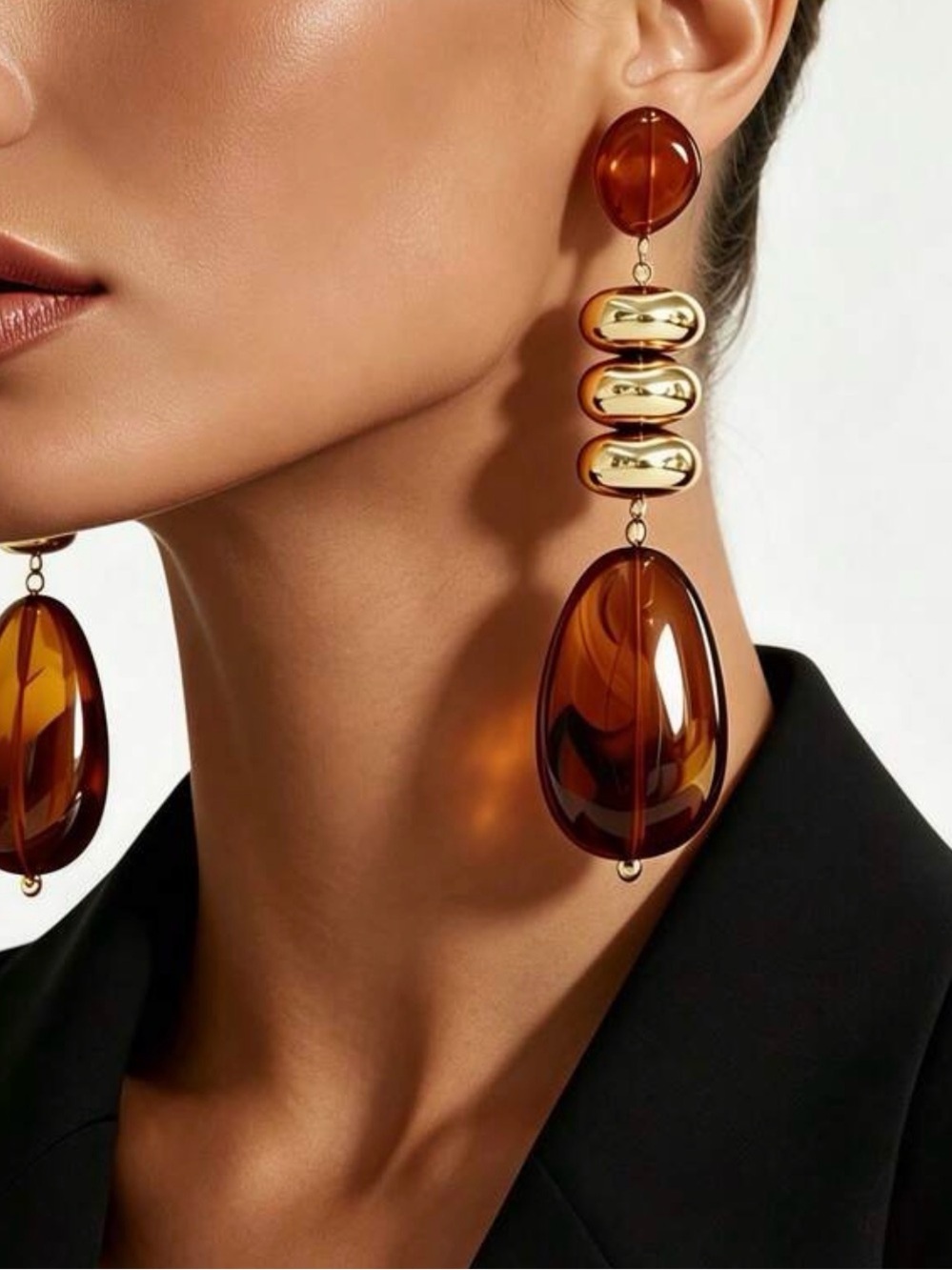 Vintage Boho Tortoiseshell Amber & Gold Long Dangle Earrings - Picture 3 of 6